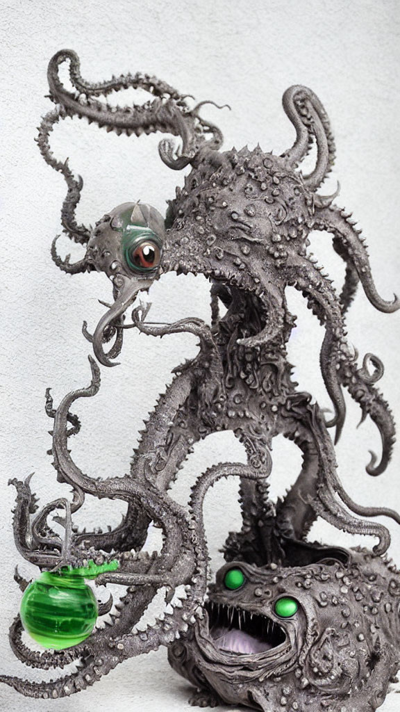 Fantasy sea creature sculpture with tentacles, green eyes, gemstones on white background