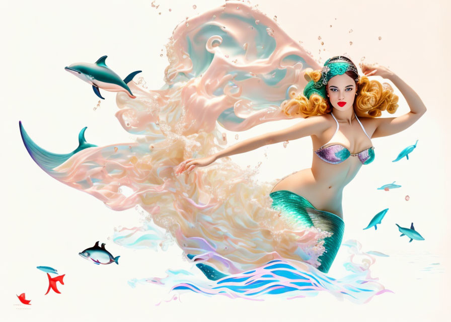 Colorful Mermaid Artwork with Dolphins and Fish in Dynamic Water Scene