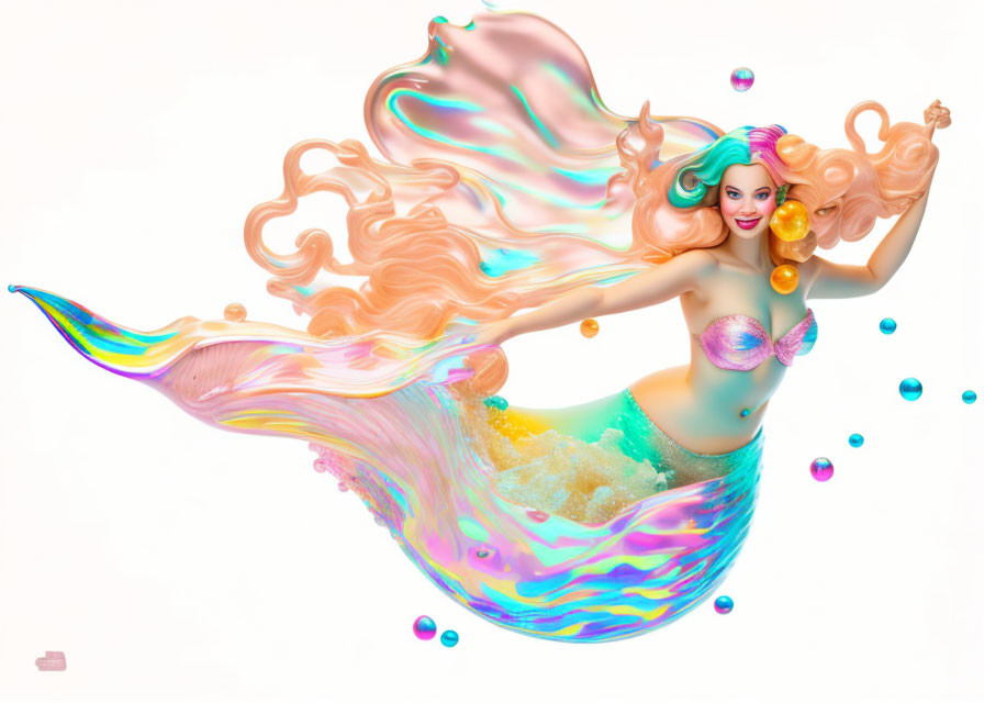 Colorful Mermaid Illustration with Pink and Orange Hair and Green Iridescent Tail