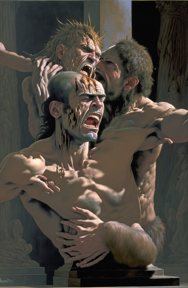 Hyperrealistic male figures in dramatic struggle portrait.