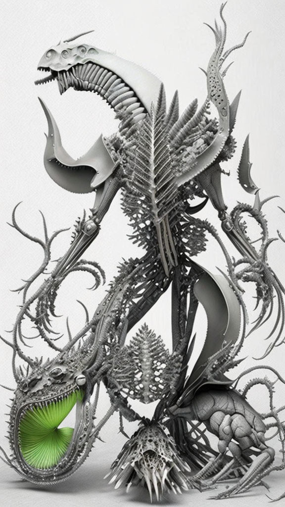 Monochromatic digital sculpture of reptilian and dragon-like fusion