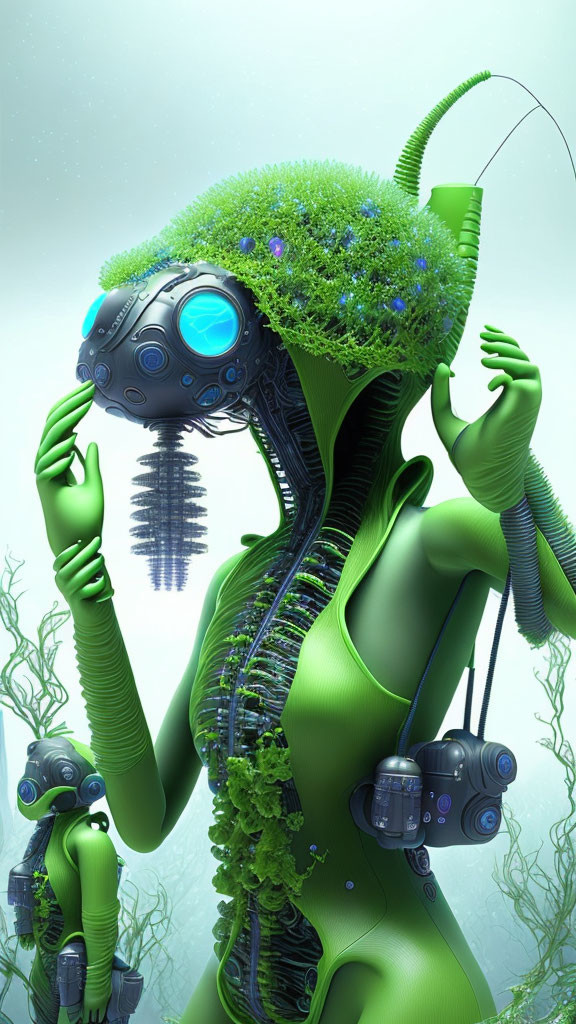 Green humanoid robot with plant-covered head in misty environment