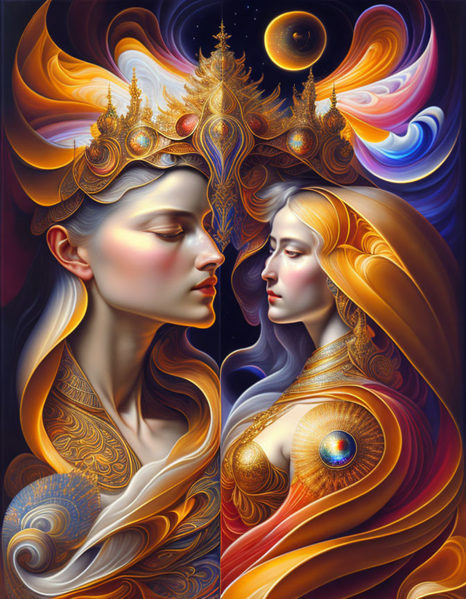 Stylized women with intricate headpieces and cosmic motifs