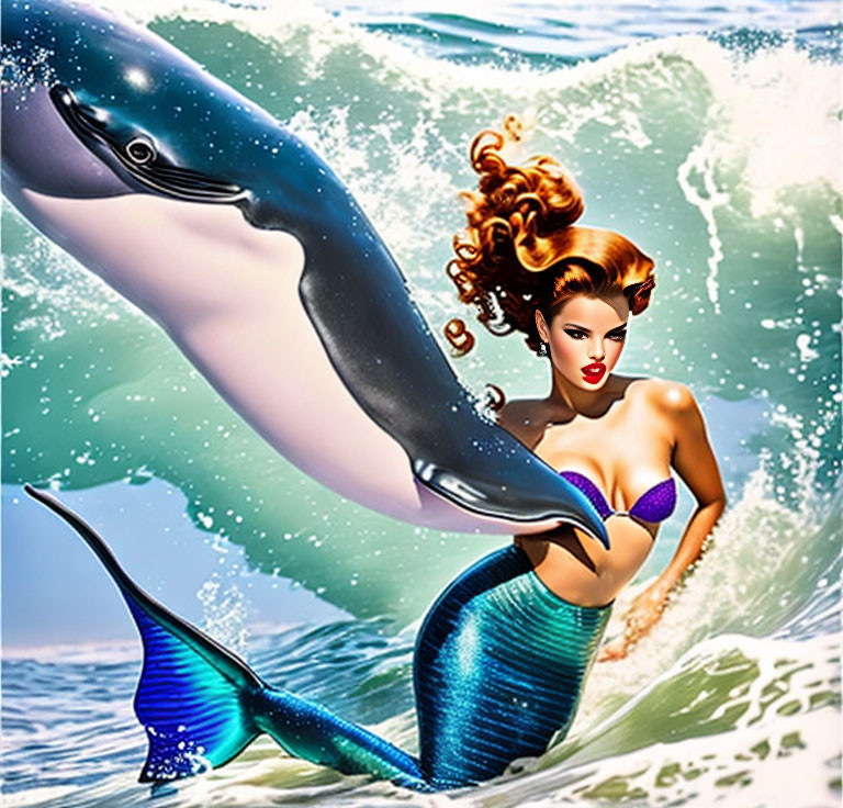 Colorful Mermaid and Dolphin Playfully Interact in Ocean Waves