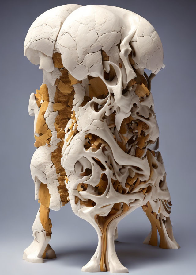 Sculptural artwork of decomposing human figure with porous and wooden textures