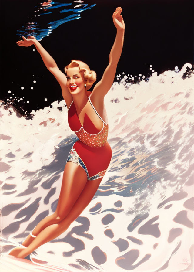 Vintage Illustration: Smiling Woman in Red Swimsuit with Crashing Wave