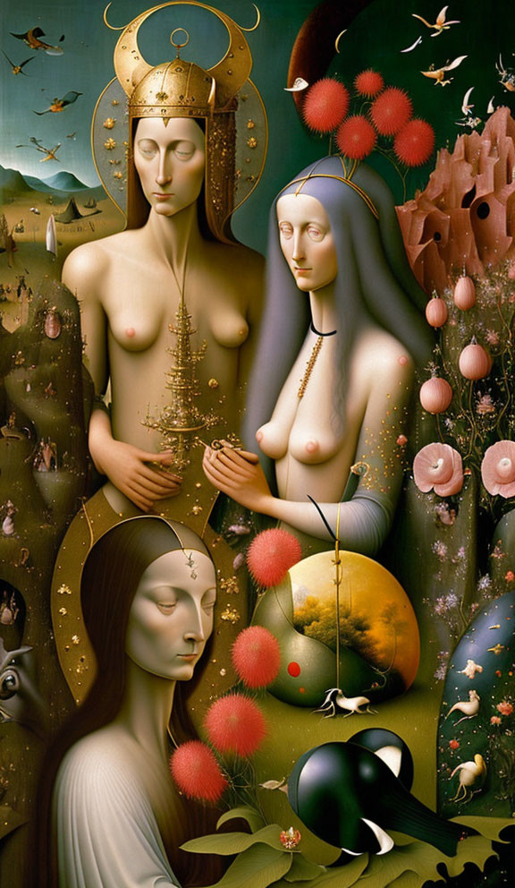 Elongated neck figures in surreal painting with mystical elements