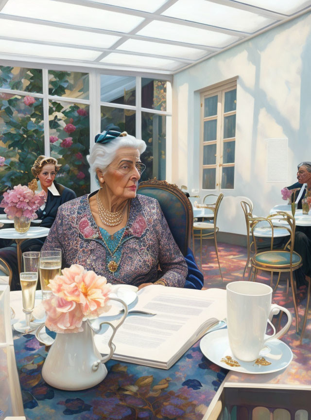 Elderly woman in patterned dress reading at cafe table surrounded by floral decor