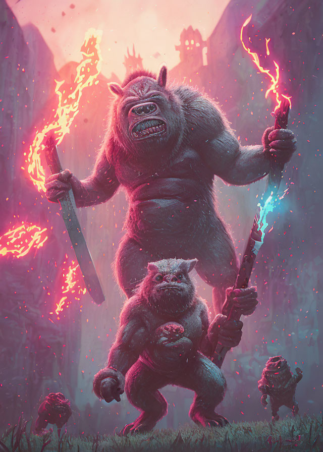 Fantasy illustration of large gorilla-like creature with flaming torch in mystical backdrop