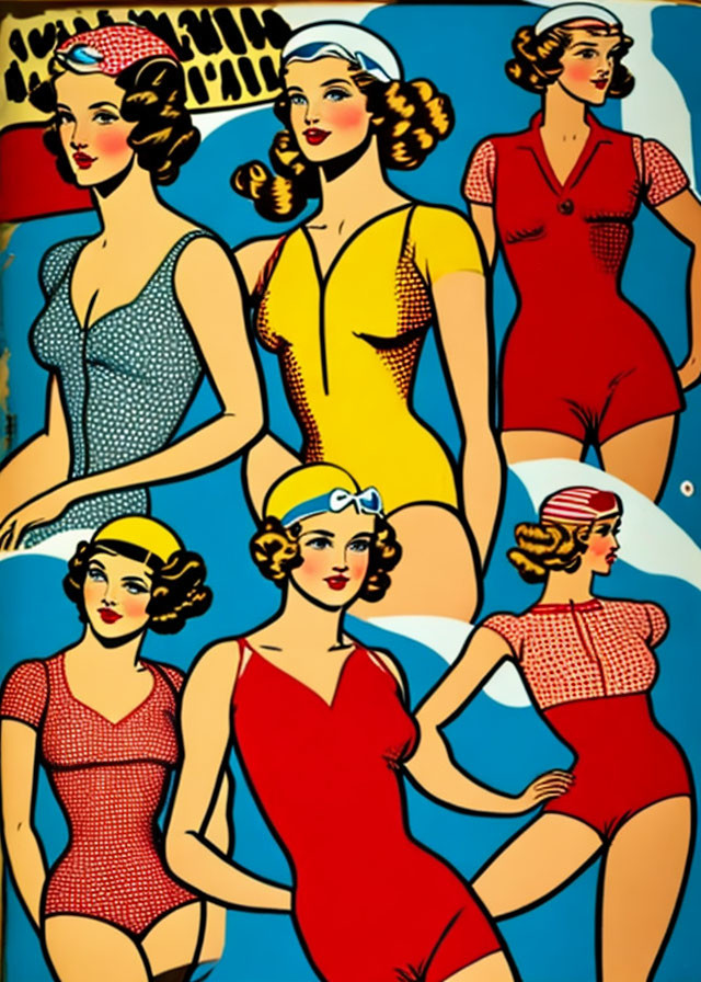 Six women in 1940s-style swimwear with polka dots and solid colors