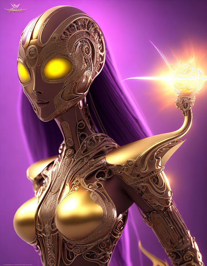 Golden robotic figure with glowing eyes and star-shaped object