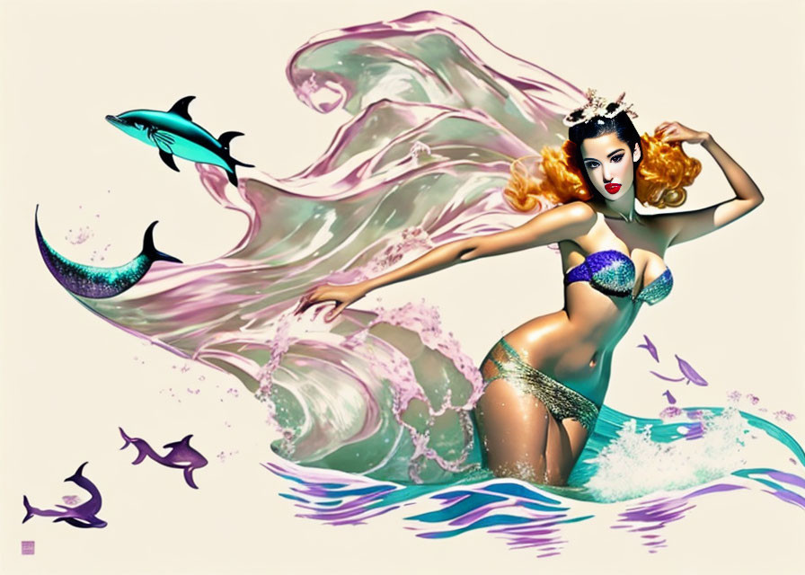 Mermaid with dolphins: Woman wearing crown, flowing hair, colorful tail in water