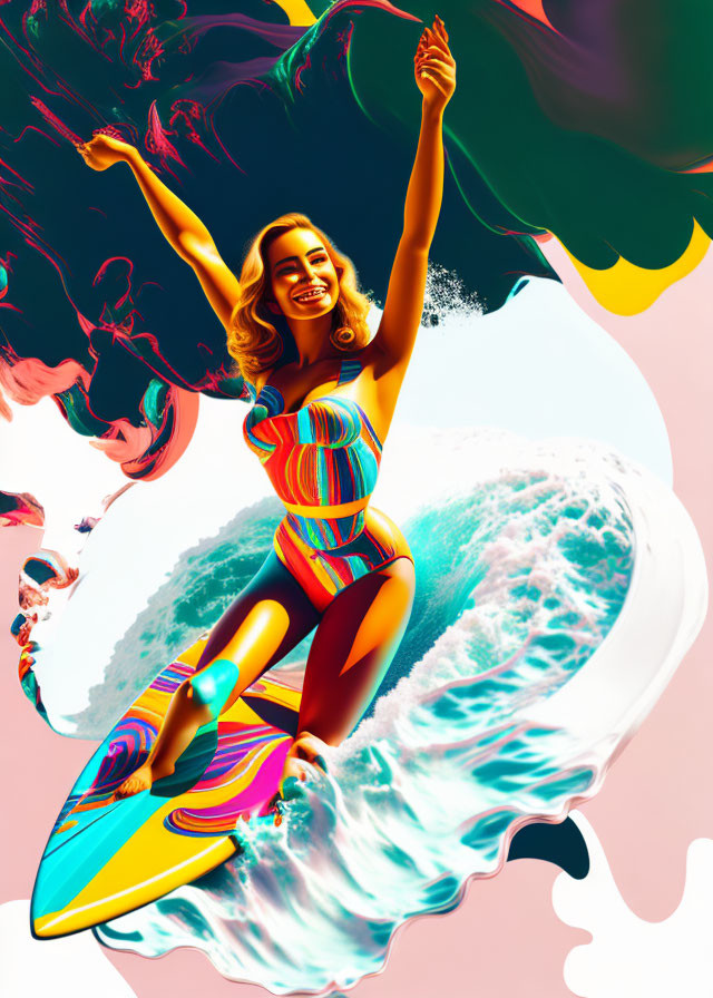 Colorful illustration of a woman surfing on a vibrant wave in a multicolored swimsuit