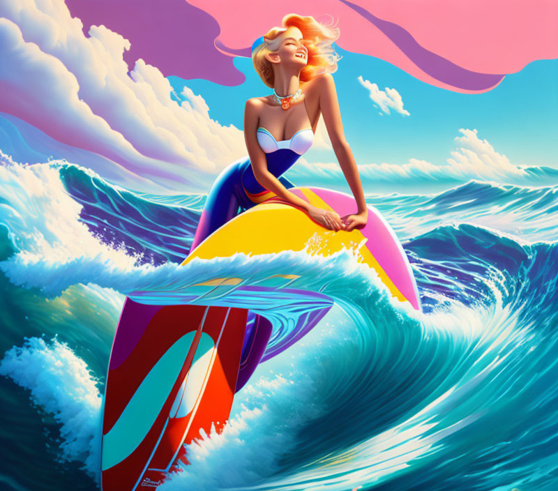 Colorful Surfing Woman Illustration Under Pastel Sky