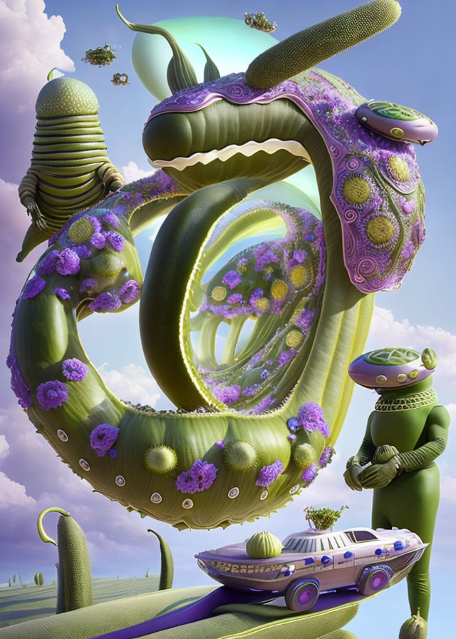 Whimsical digital artwork: Giant purple serpent, classic car, small figures in green suits