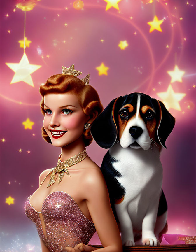 Illustration of woman with vintage hairstyle and beagle on pink backdrop