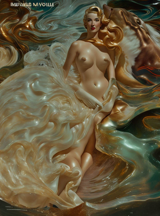 Surreal image: Woman with golden hair in swirling liquid with horse-like figures