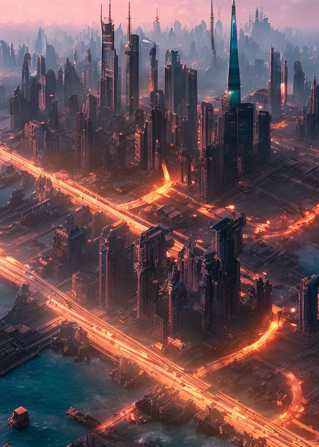 Futuristic cityscape with skyscrapers and glowing roads