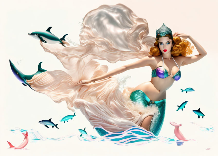 Mermaid with flowing hair, shell bikini, dolphins, and ocean waves