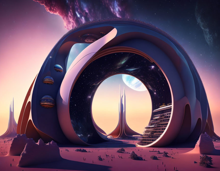 Alien cityscape with curved structures under starry sky and vibrant dusk hues