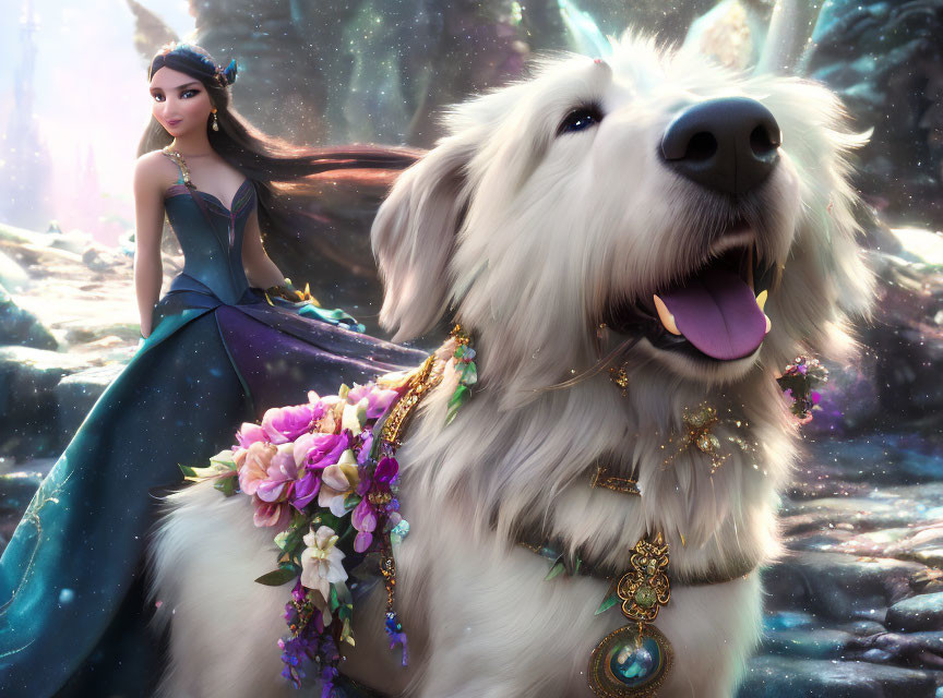 Animated princess and floral-adorned dog in crystal fantasy landscape