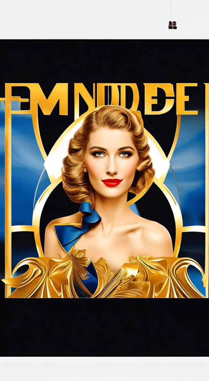 Golden-haired woman on art deco background with blue and gold accents