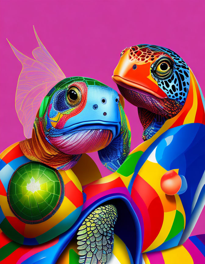 Vibrant Turtle Art Against Pink Background