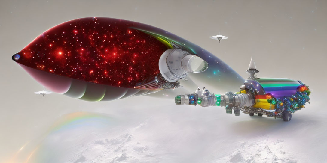 Colorful Spaceship Hovering Above Planet with Star-Filled Compartment