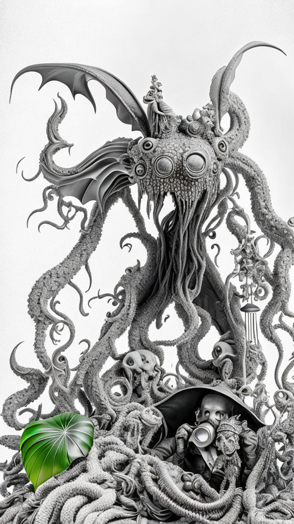 Monochrome fantastical art: winged creature, tentacles, surreal figures, gas mask person.