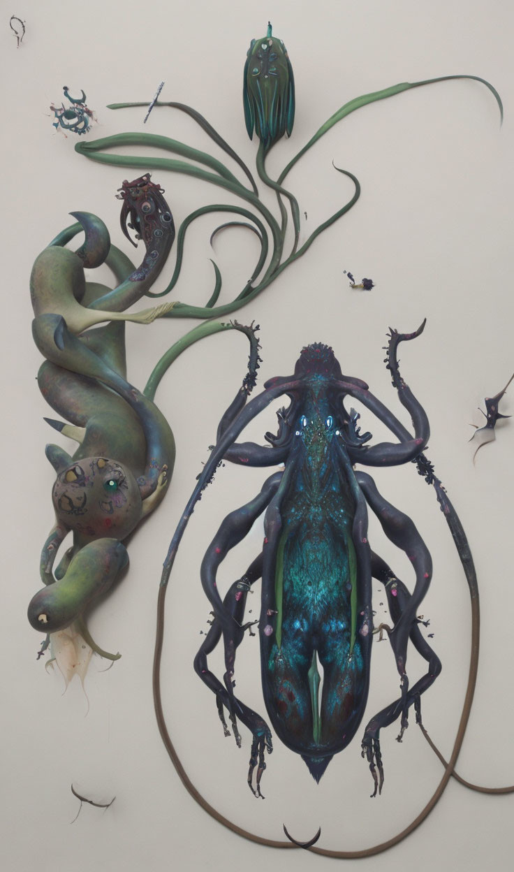 Intricate surreal artwork: central beetle surrounded by smaller creatures.