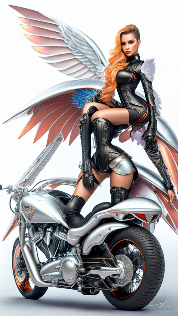 Stylized illustration of a woman with angelic wings on a motorcycle