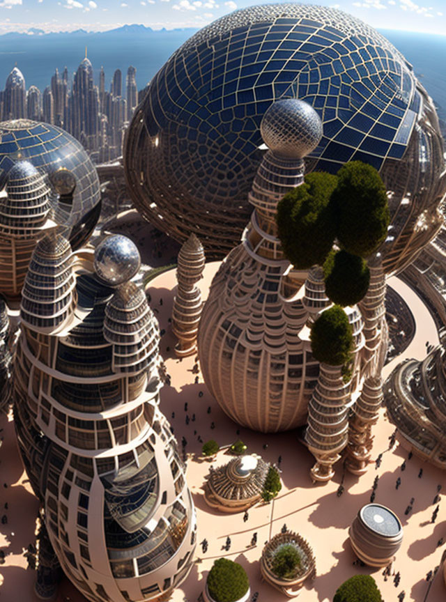 Futuristic cityscape with spherical and conical buildings and solar panels amid lush greenery