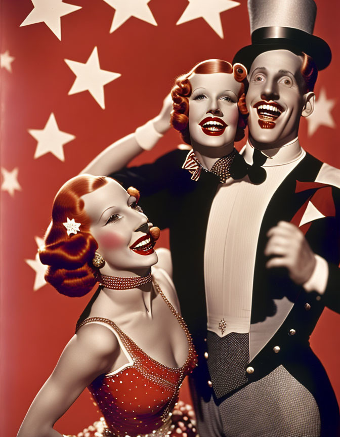 Colorized Vintage Image: Smiling Man in Top Hat with Two Red-Headed Women in Show