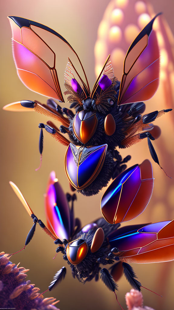 Colorful digital artwork: mechanical bee with iridescent wings on soft-focus backdrop