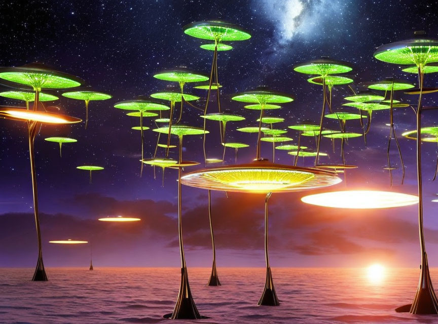 Surreal landscape: glowing UFO-like structures over serene sea at sunset