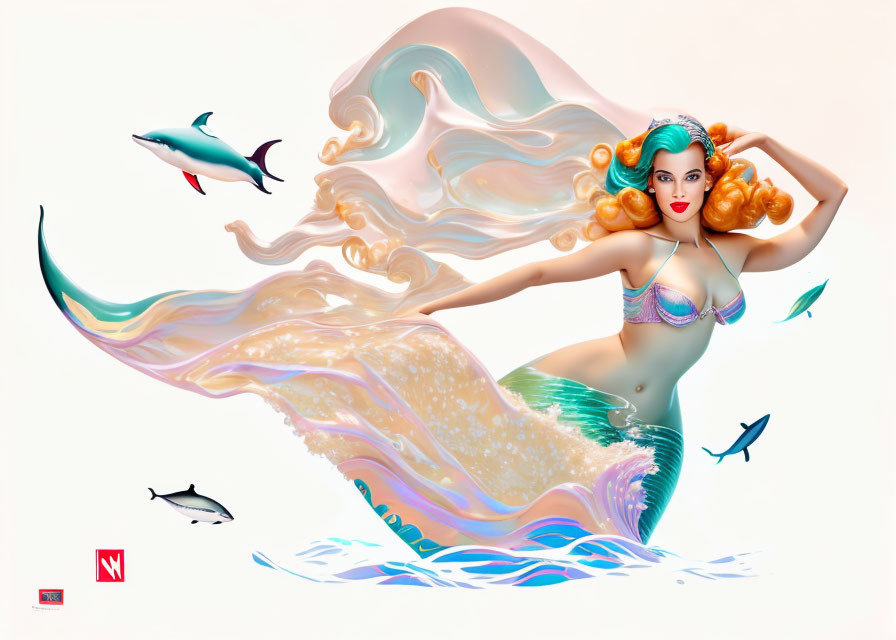 Colorful Mermaid Artwork with Dolphins in Digital Format