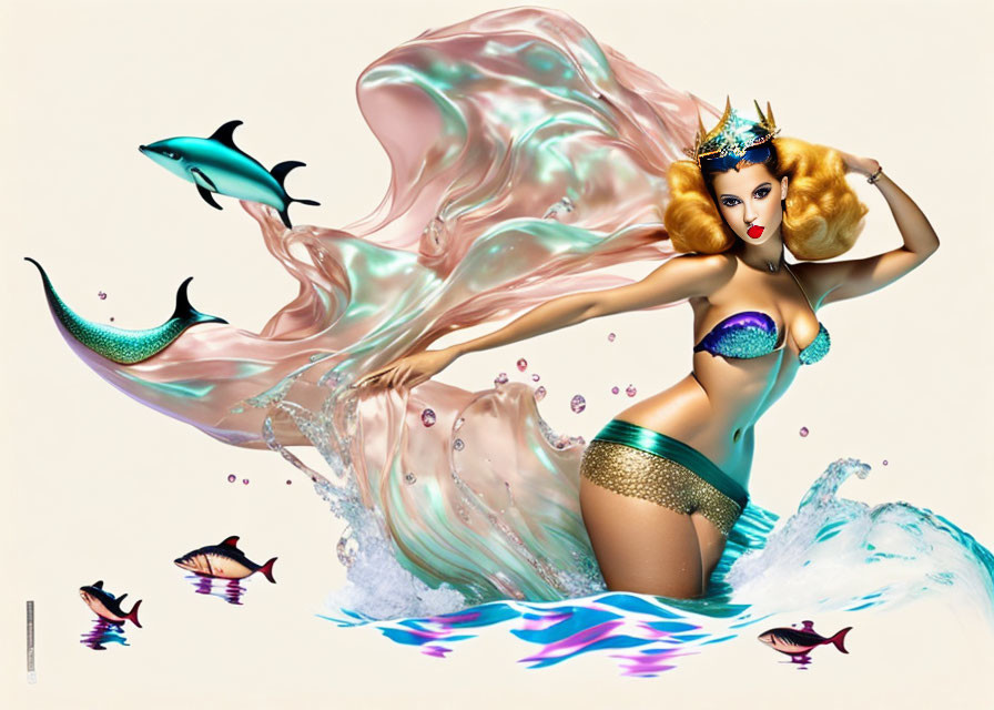 Mermaid with golden crown and vibrant tail in dynamic water scene