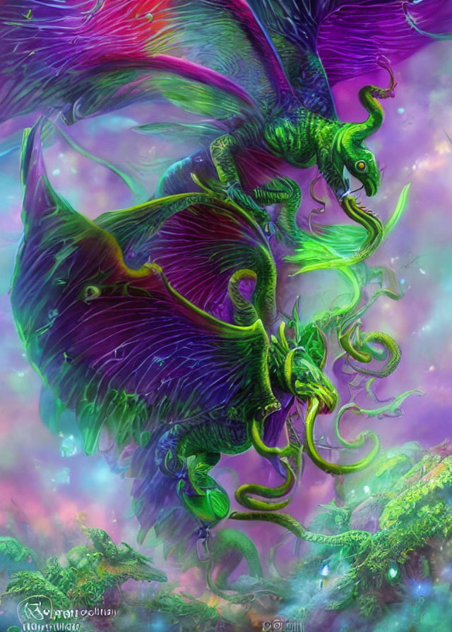 Majestic green and purple dragon in vibrant fantasy scene