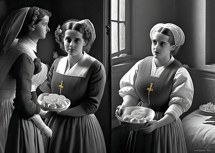 Two Women in Vintage Attire with Reflective Expressions Standing by Window