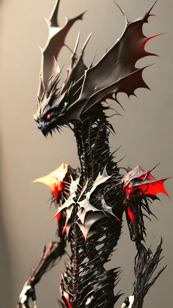 Spiky black and red dragon with glowing eyes