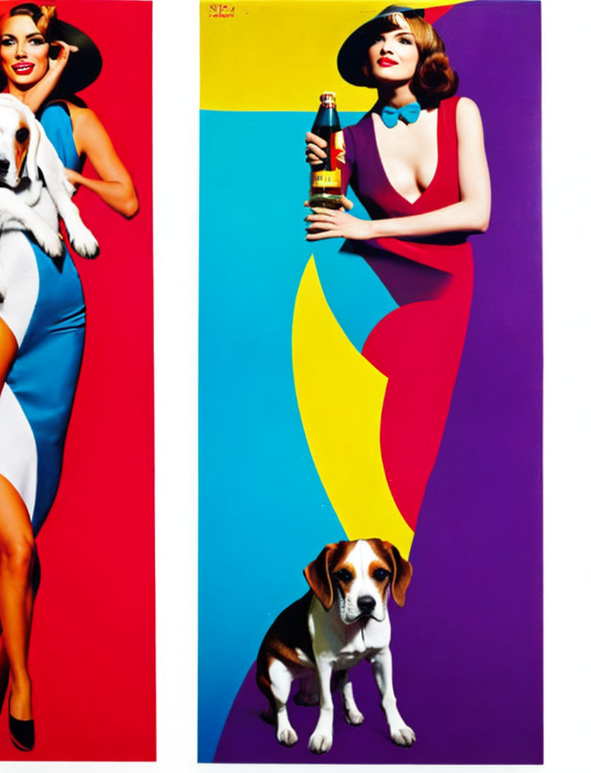 Women posing with dogs in blue and red outfits against colorful backgrounds