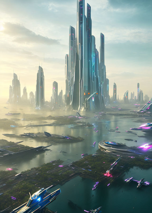 Futuristic cityscape: towering skyscrapers, neon lights, flying vehicles.