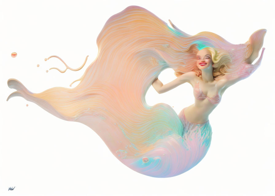 Surreal image: Woman with flowing hair merging with pastel wave patterns