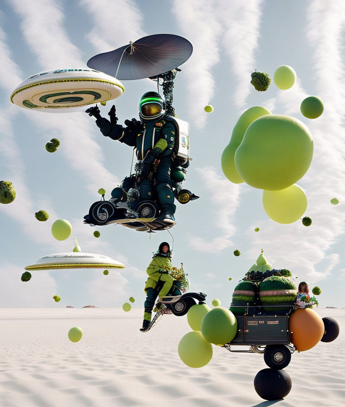 Imaginative scene: Two figures on flying scooters amidst green spherical shapes