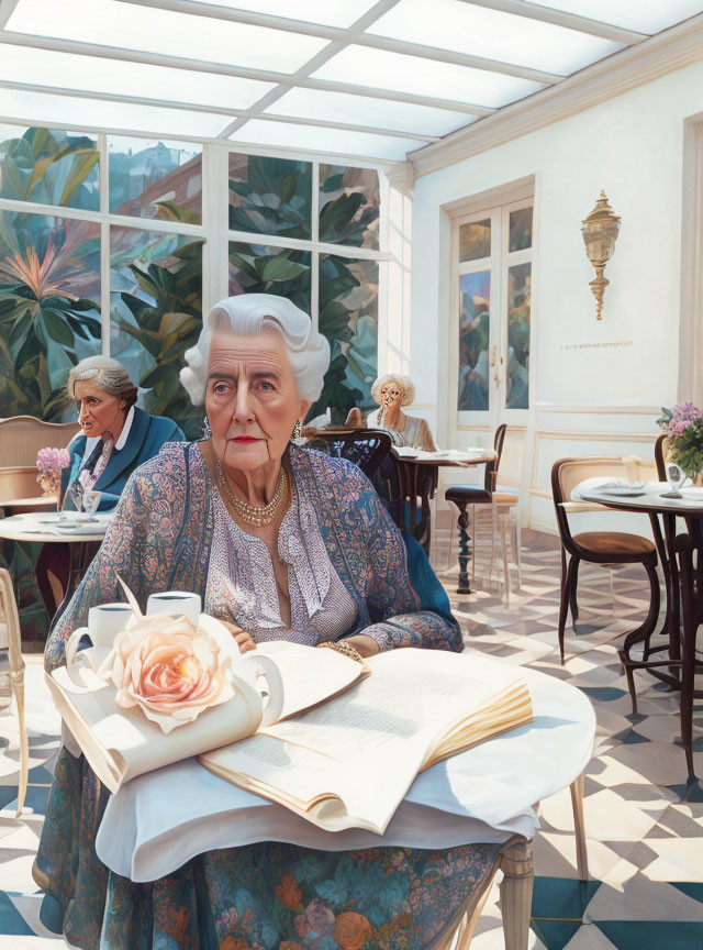 Elderly woman with grey hair at café table with rose and book; two people talk in background