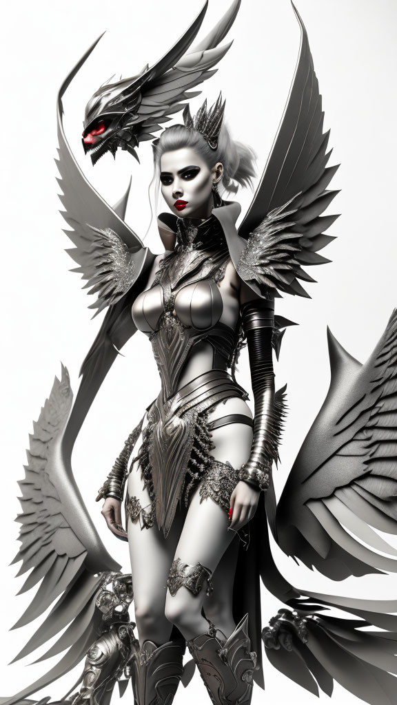 Monochrome image of stylized woman with angelic wings and armor next to dragon-like creature