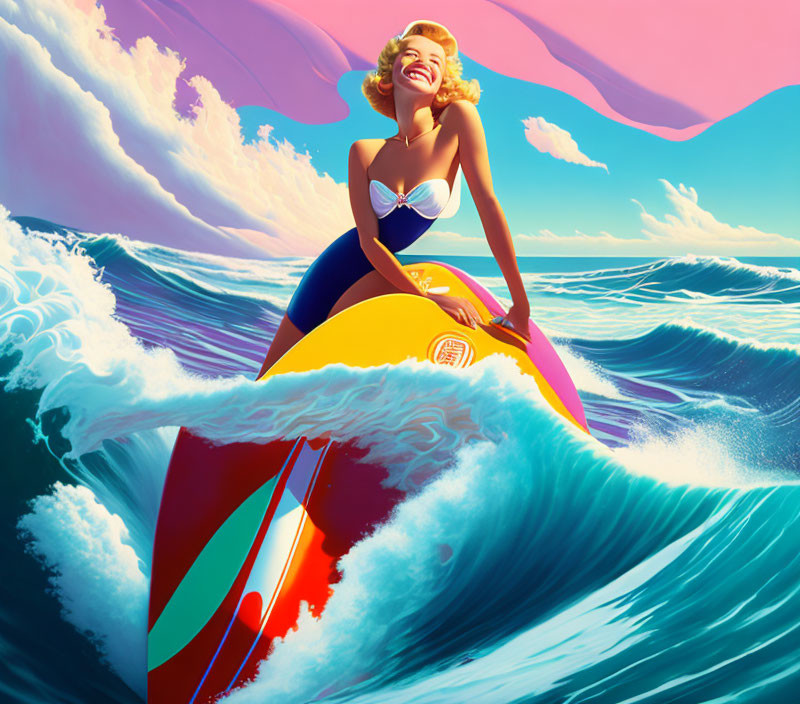 Illustration of smiling woman surfing on colorful board in retro style