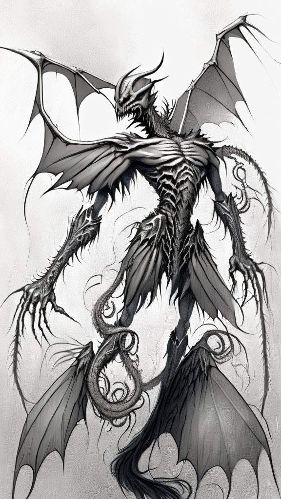 Detailed Monochrome Drawing: Fierce Dragon with Expansive Wings and Swirling Patterns