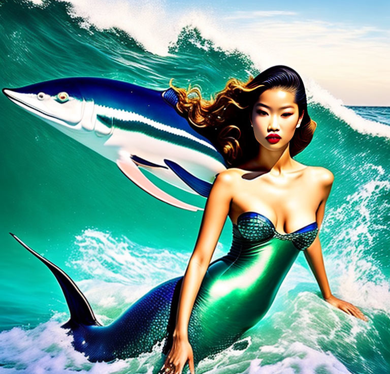 Mermaid and Marlin Artwork with Asian Features in Ocean Scene