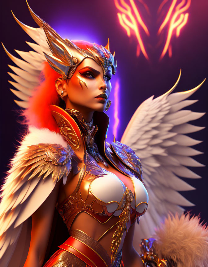 Fantasy female warrior with angelic wings and golden armor on dark background